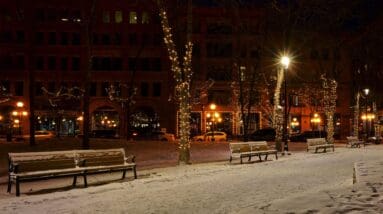 snowy empty downtown street