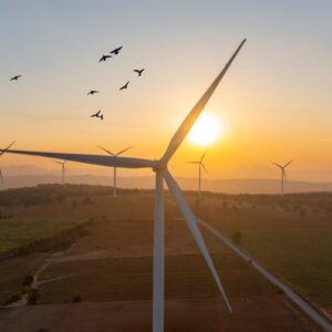 Wind turbine spins at sunrise.