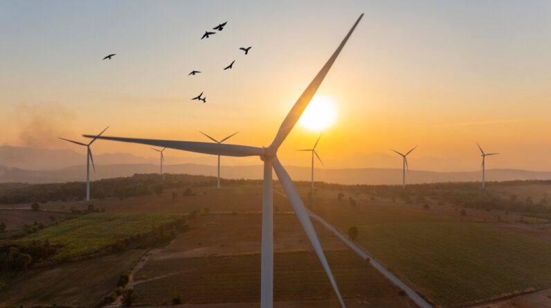 Wind turbine spins at sunrise.